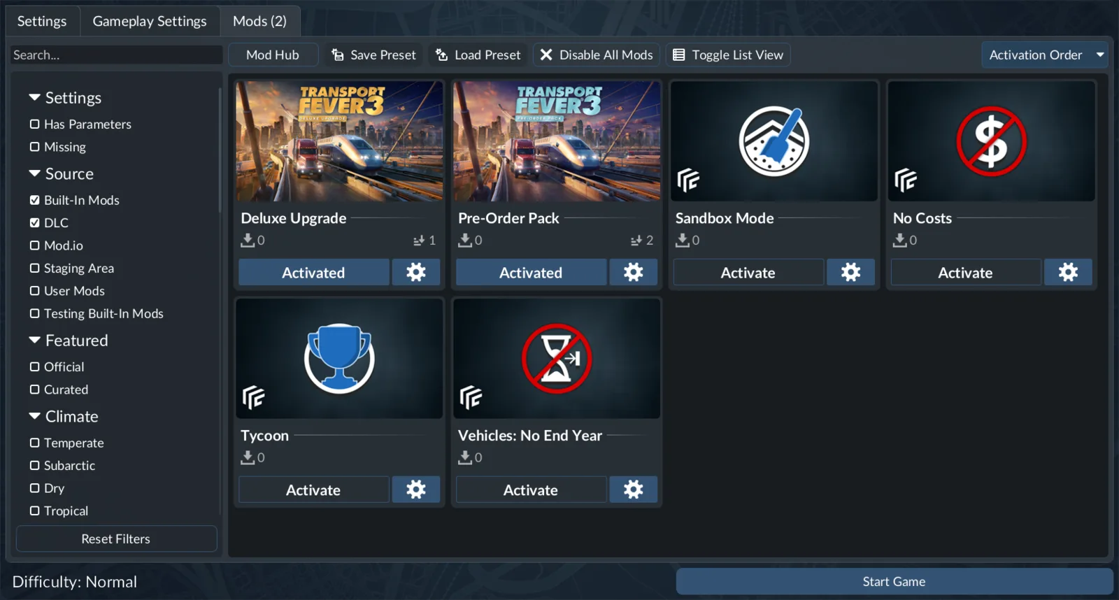 Mod activation screen showing available mods and Activate buttons