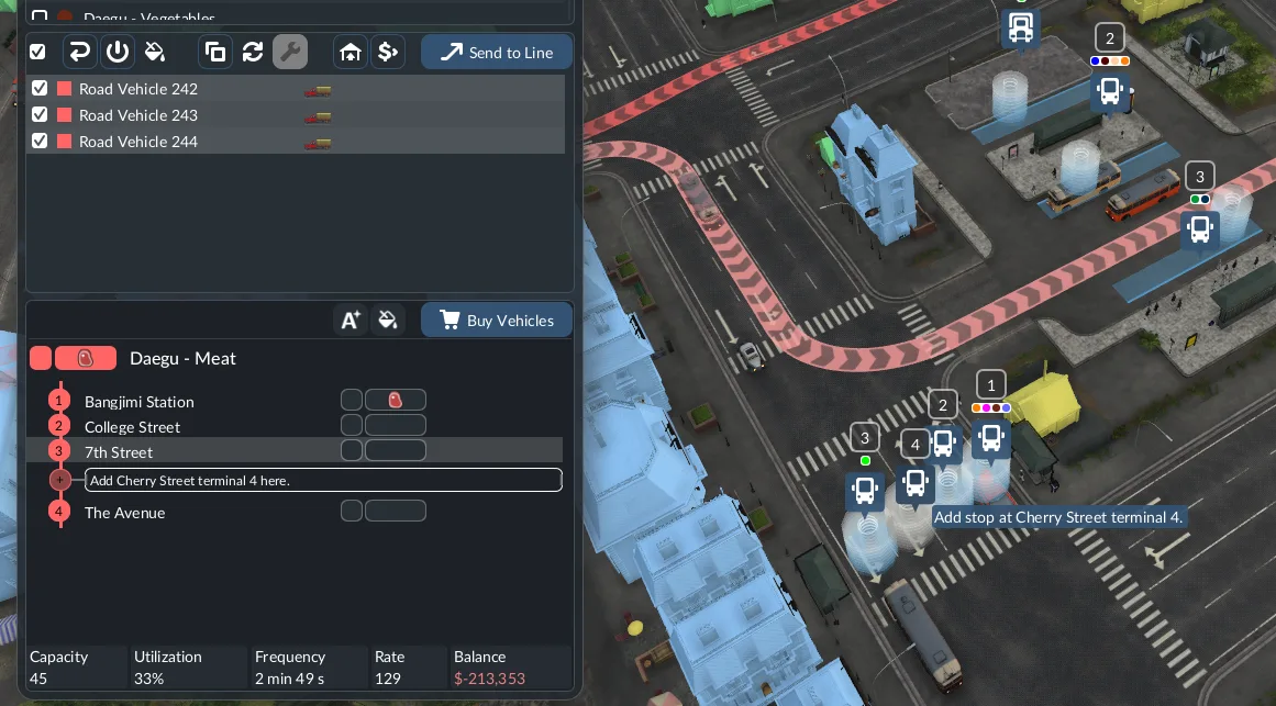 Transport Fever 3 line manager showing an Add Stop control on a cargo line