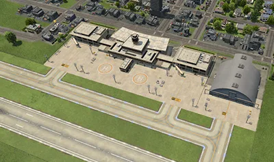 Airport terminal, aircraft hangar and taxiways beside the runway