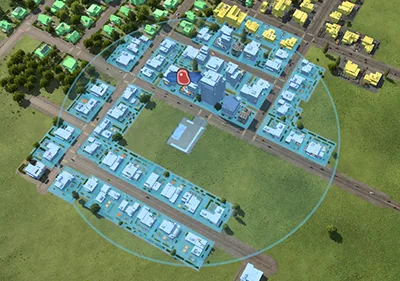 Cargo station catchment radius with eligible town buildings highlighted blue