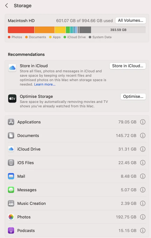 macOS Storage settings showing used and available disk space