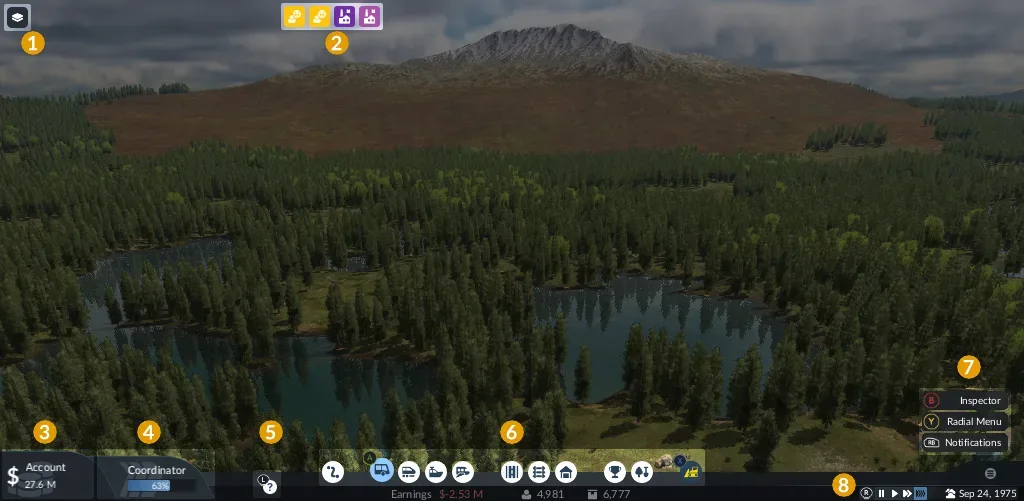 Transport Fever 3 console interface with construction toolbar and controller prompts