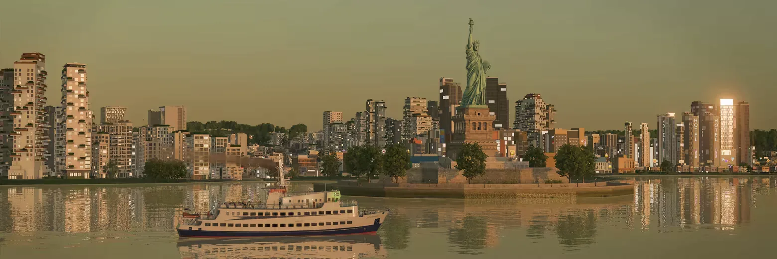 A passenger ferry in front of a large waterfront city