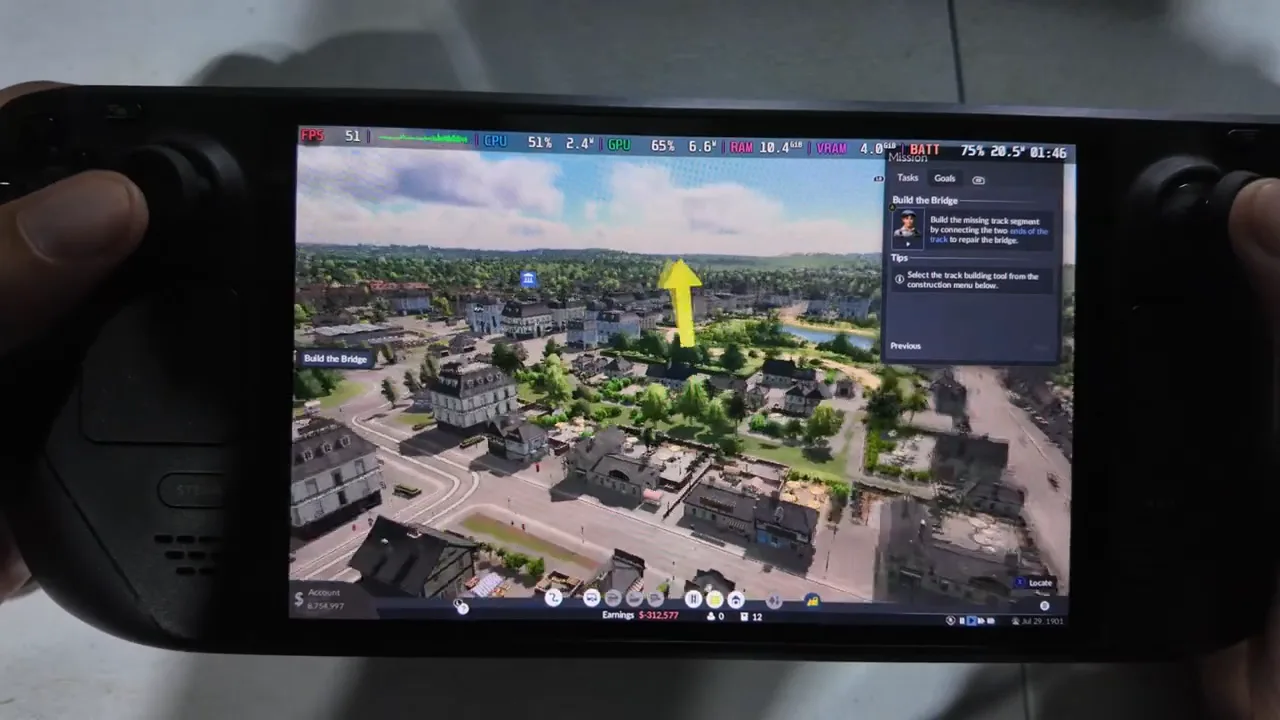 Transport Fever 3 on a physical Steam Deck at 06:45