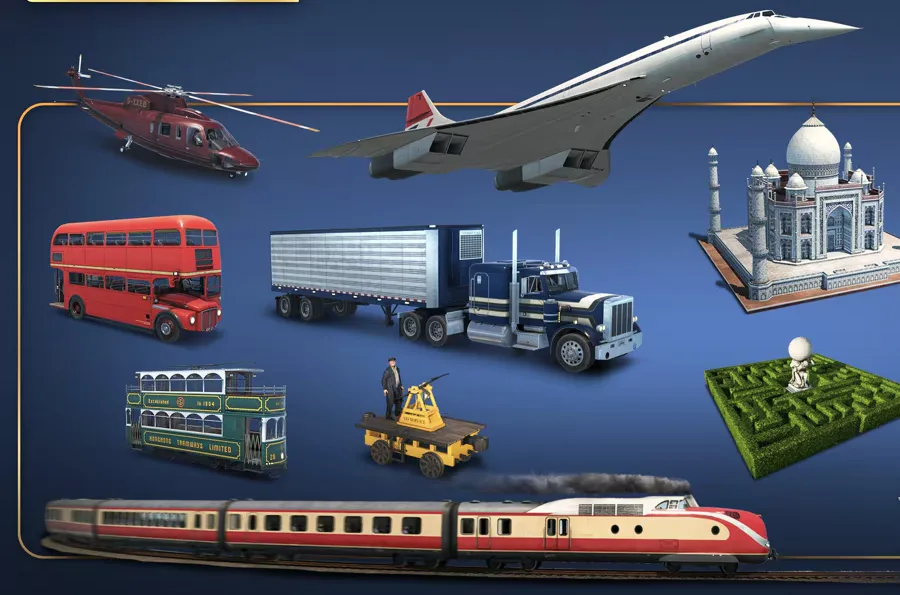 Deluxe extra vehicles including Concorde, a helicopter, double-decker bus, truck, tram and train