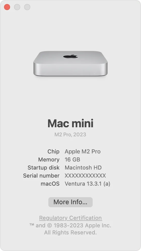 About This Mac window showing the Mac chip, memory, and macOS version