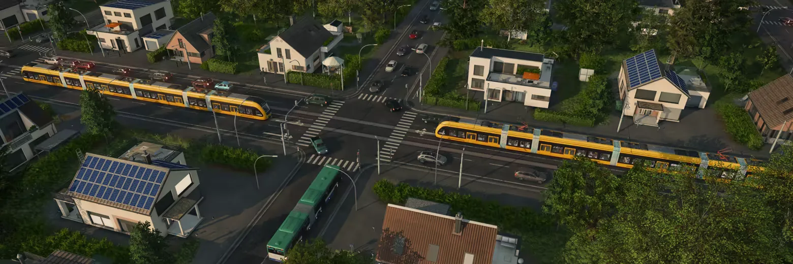 Yellow trams crossing a residential street network