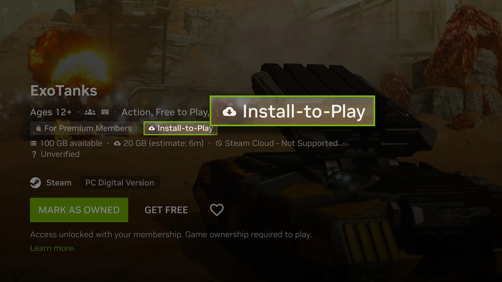 GeForce NOW example game listing with its Install-to-Play access label