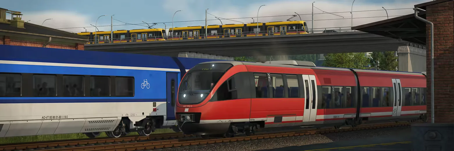 Red passenger trains beside an elevated yellow tram