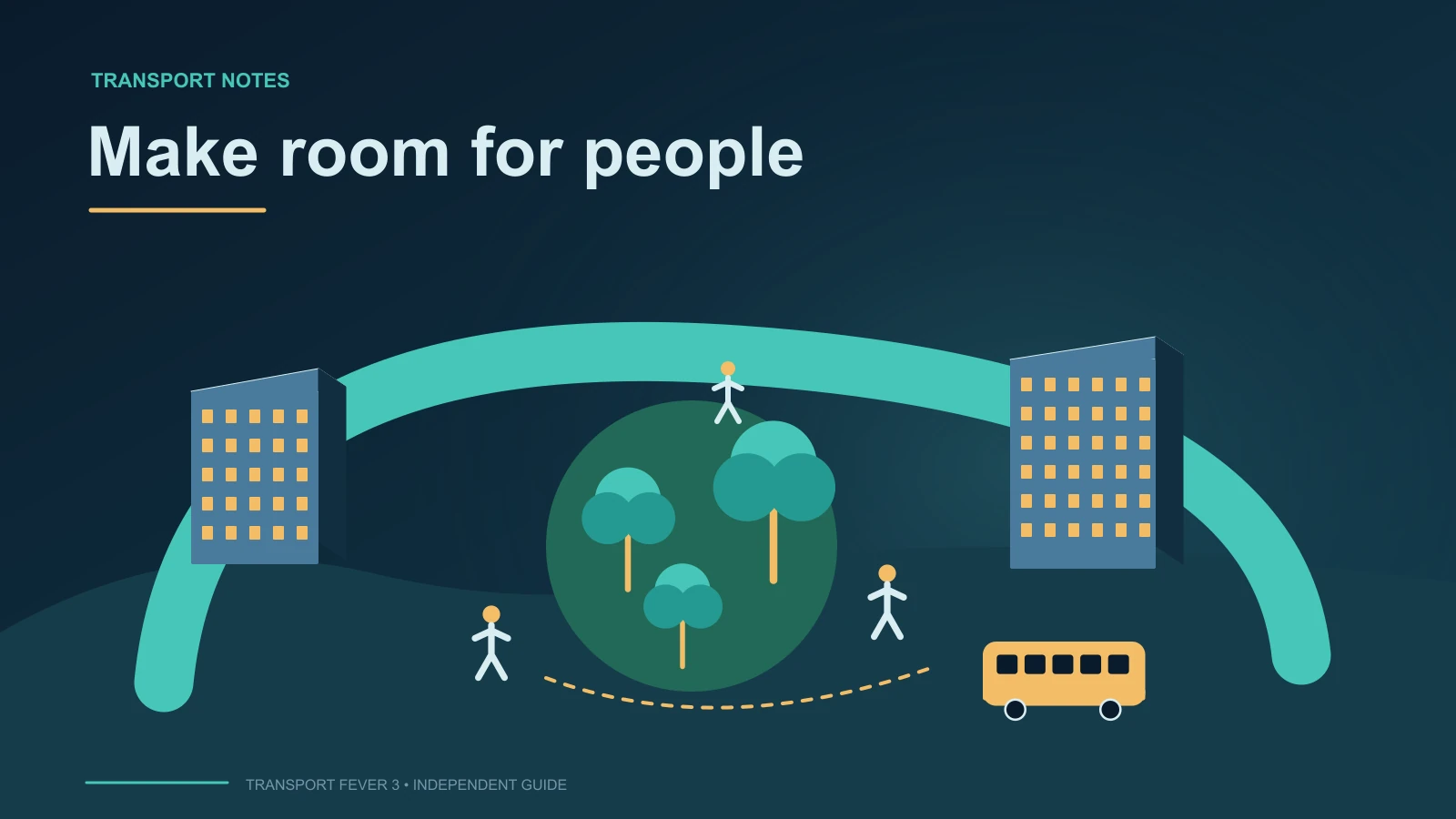 Diagram of a pedestrian park, residential blocks, transit loop and people around a green town centre.