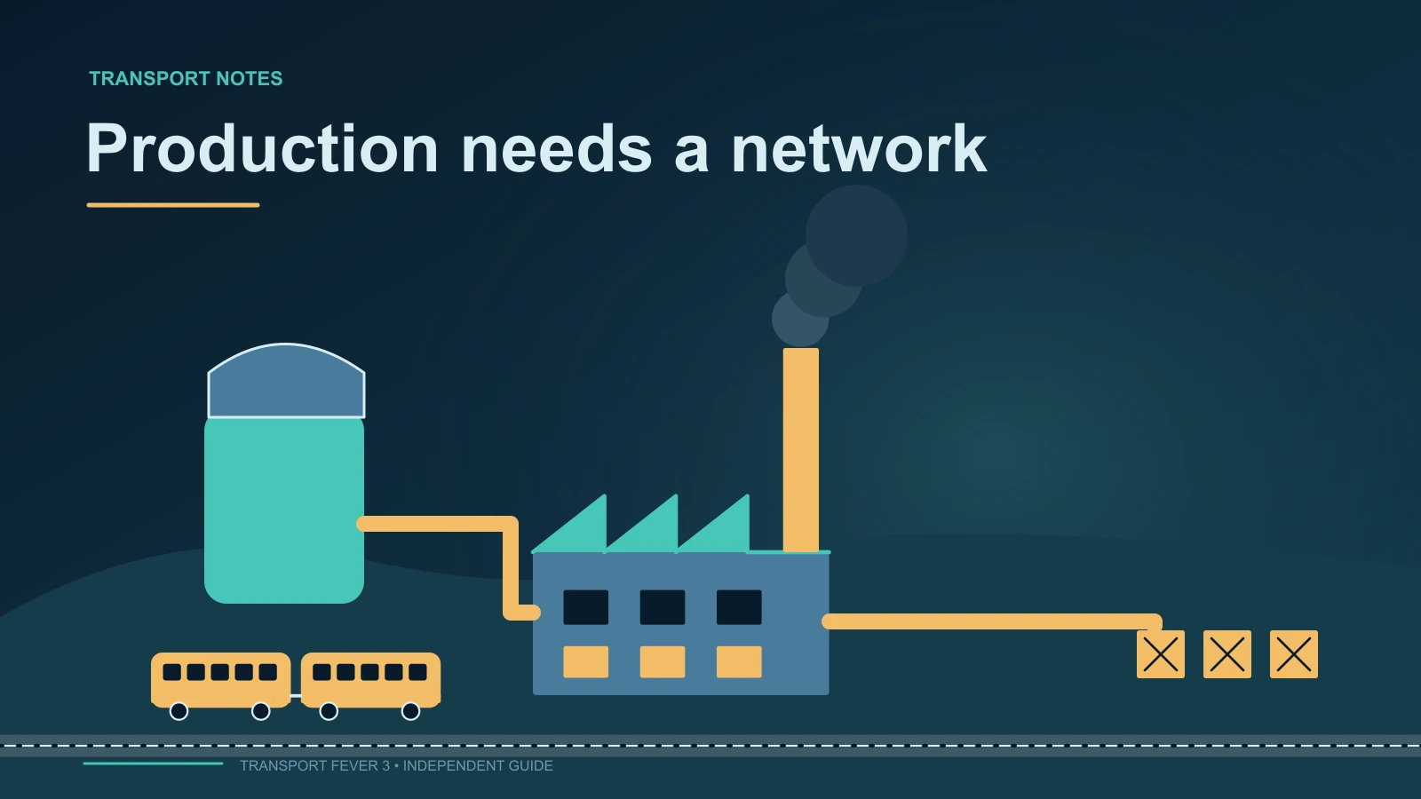 Diagram of an industrial factory, storage tank, connected pipes and outbound freight train.