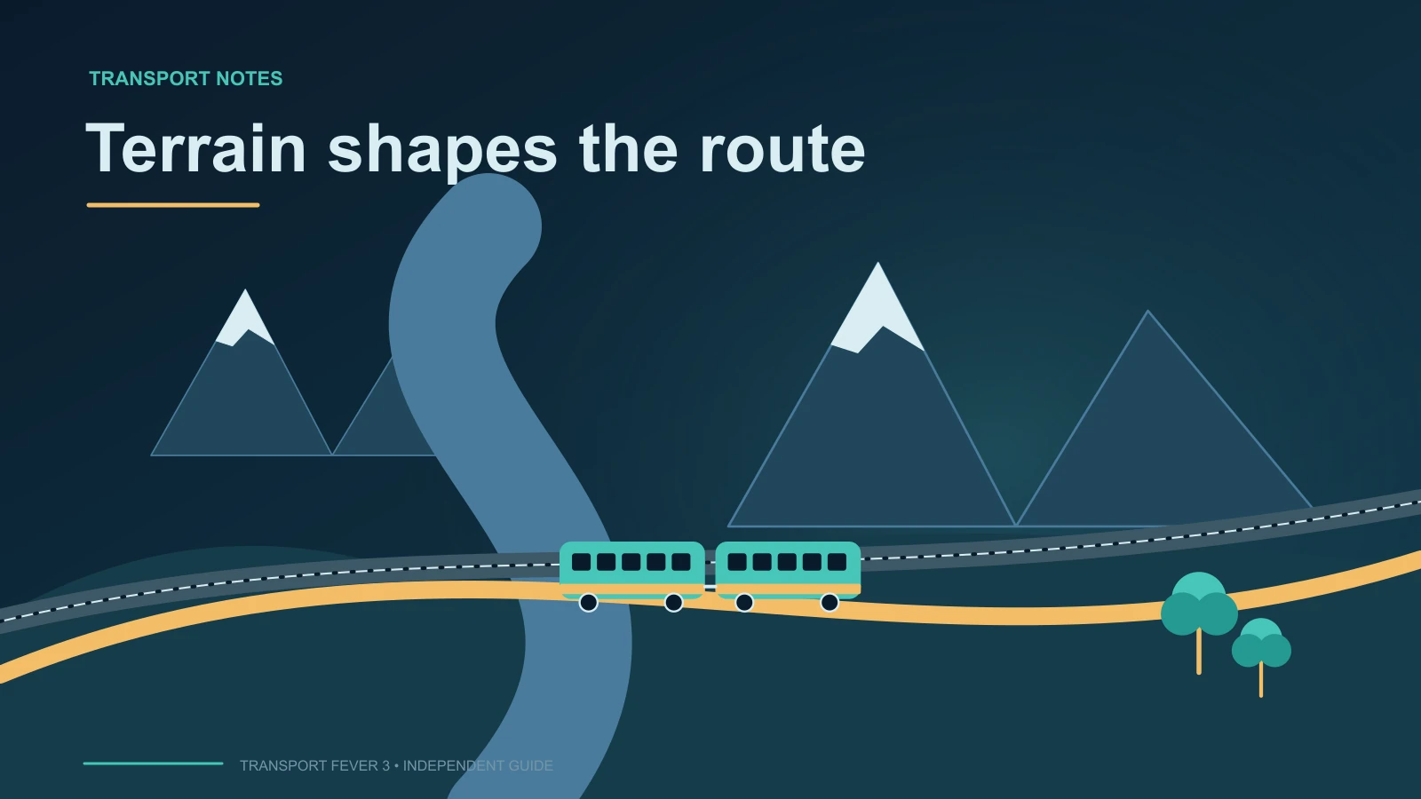 Diagram of mountain terrain, a winding river and rail and road corridors crossing the valley.