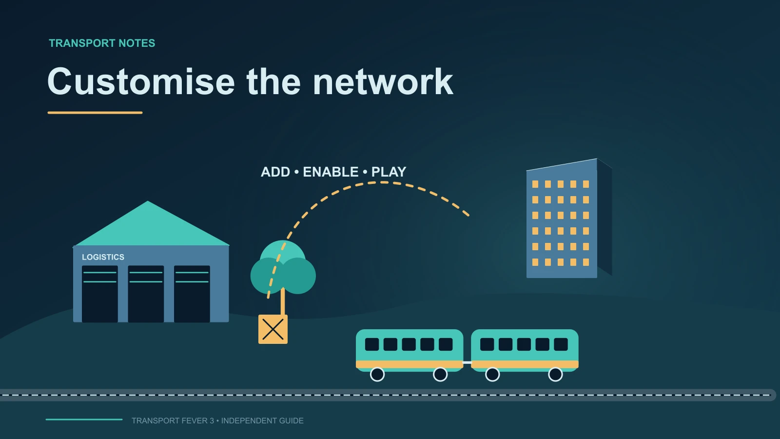 Transport diagram of a modular depot connecting a train, tree and city building for existing mod customisation.