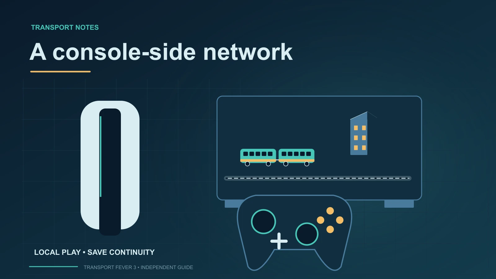 Diagram of a tall white game console, transport-diagram television and controller for console play decisions.