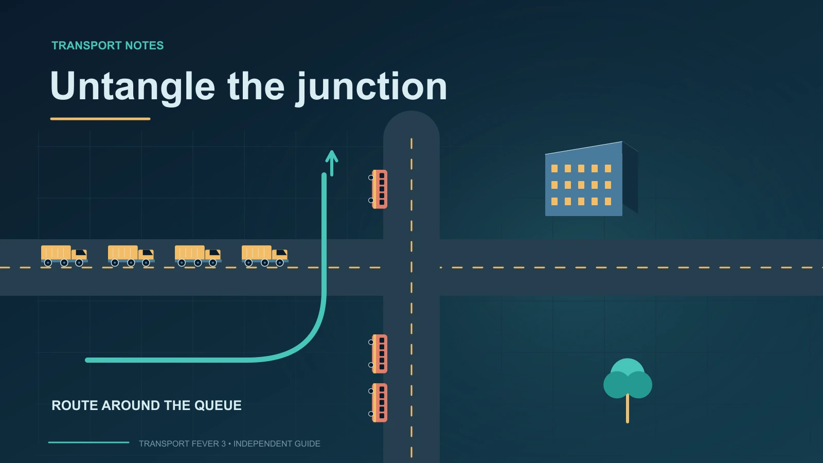 Original overhead illustration of a congested road intersection with queued vehicles and an alternative green route.