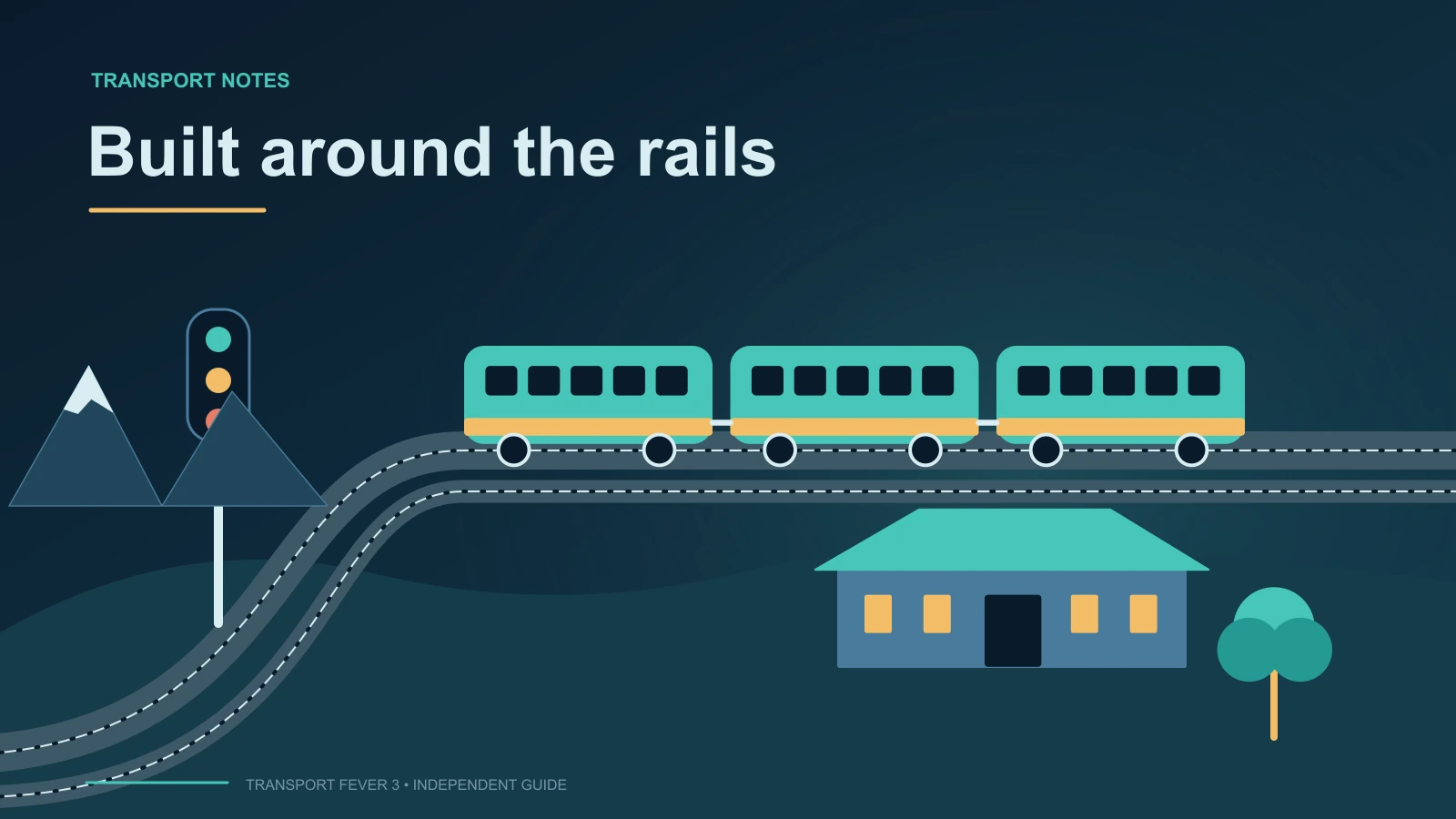 Diagram of a long passenger train on sweeping double track beside a station and railway signal.