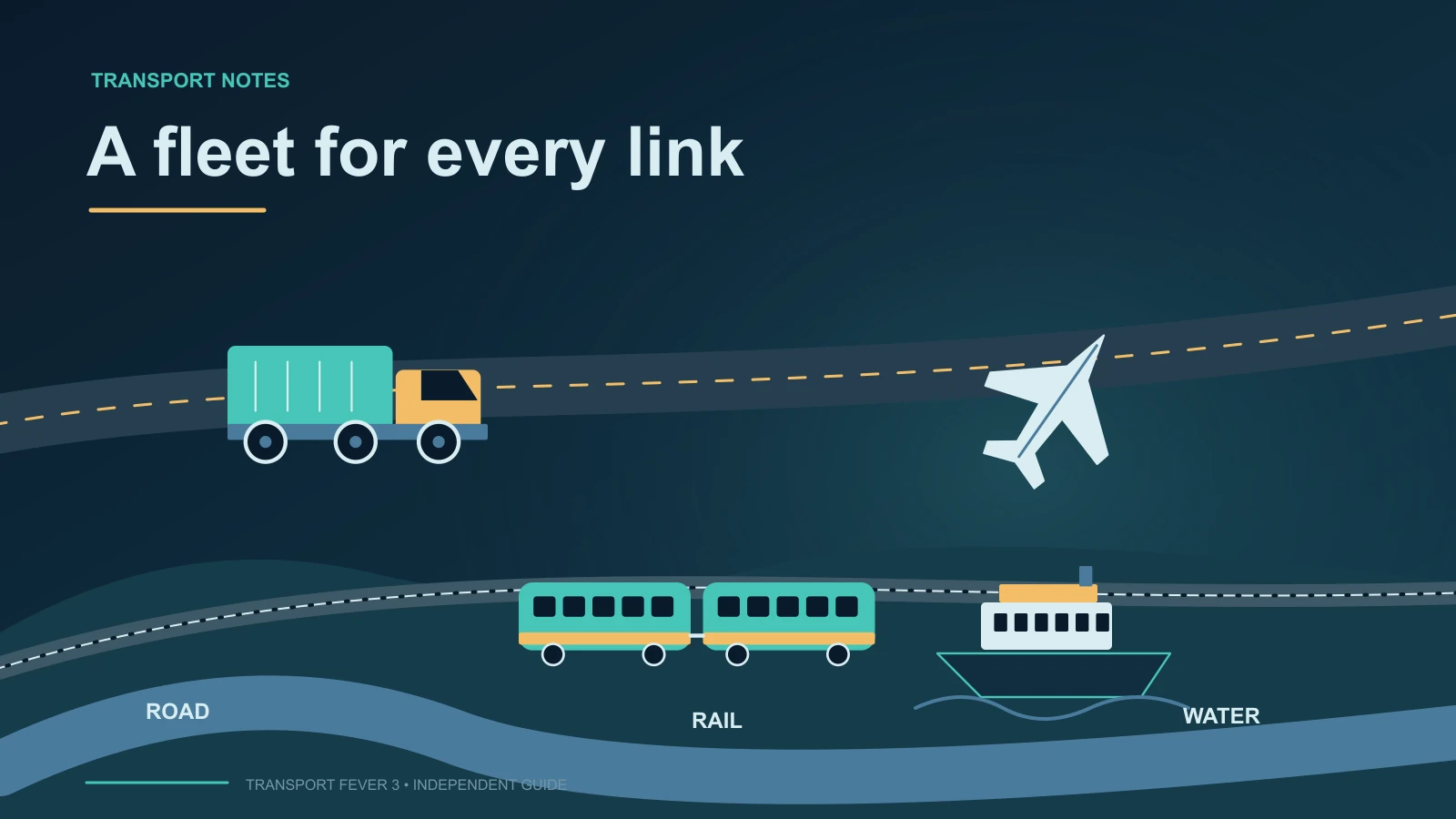 Diagram of a freight truck, passenger train, ferry and aircraft on distinct transport corridors.