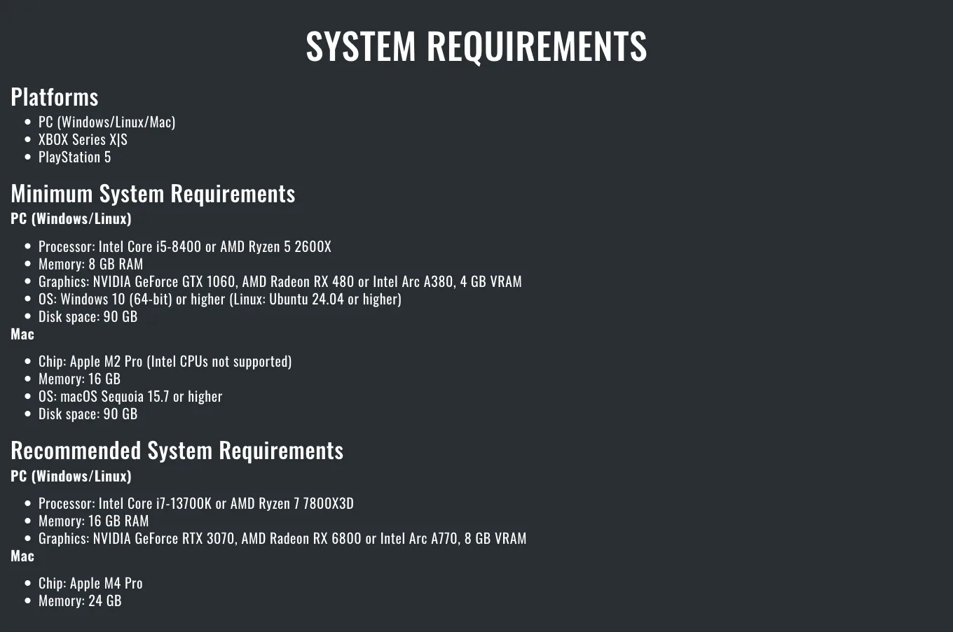 Official Windows Linux and Mac system requirements