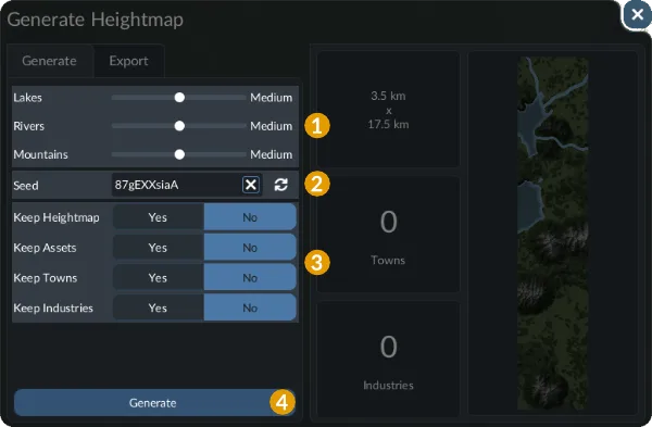 Generate Heightmap editor panel with terrain sliders, a map preview and Keep choices