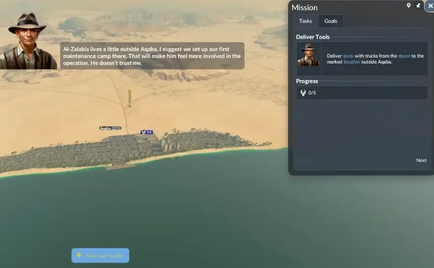 Desert Adventure Deliver Tools task with a marked destination outside Aqaba