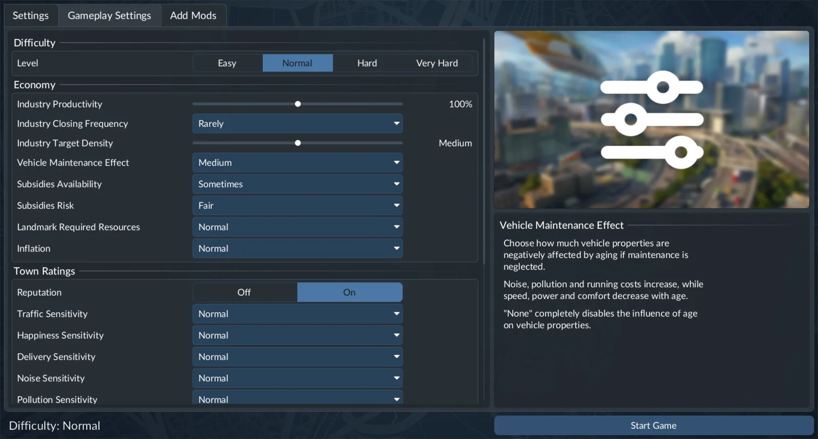 Gameplay Settings tab with difficulty and economic controls