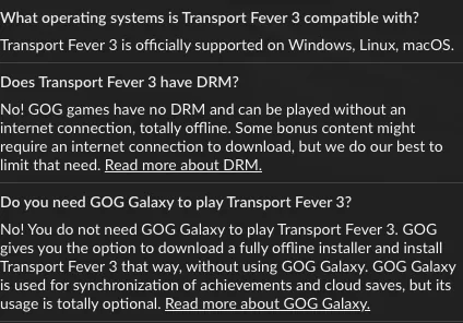 Transport Fever 3 product FAQ confirming supported systems, DRM-free offline play and optional GALAXY