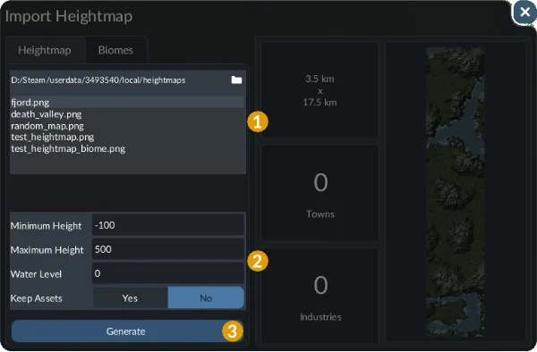 Map Editor heightmap import preview and controls