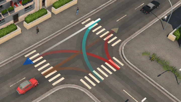 Crossing Tool view showing permitted lane connections through a junction
