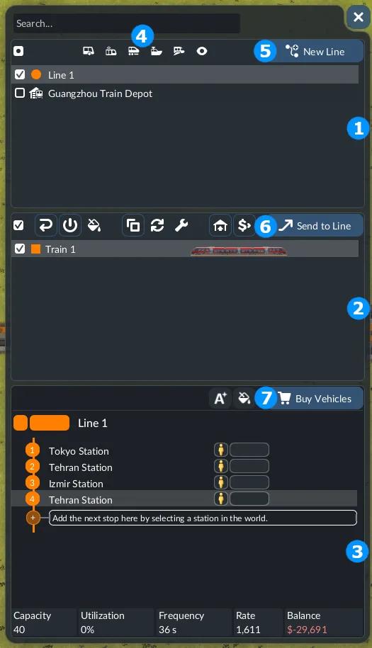 Transport Fever 3 Line Manager overview with line, vehicle, and stop areas
