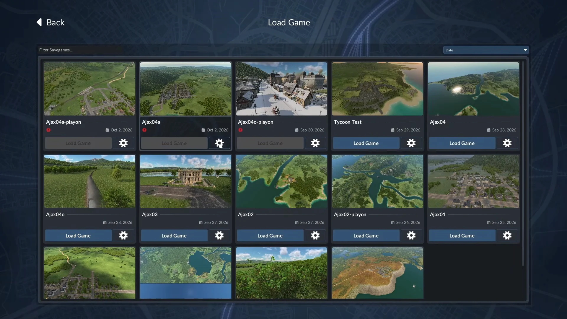 Transport Fever 3 Load Game cards with a settings gear beside each Load Game button