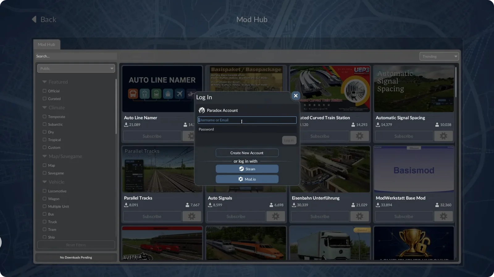 Mod Hub login chooser with Paradox Account fields and separate Steam and Mod.io buttons