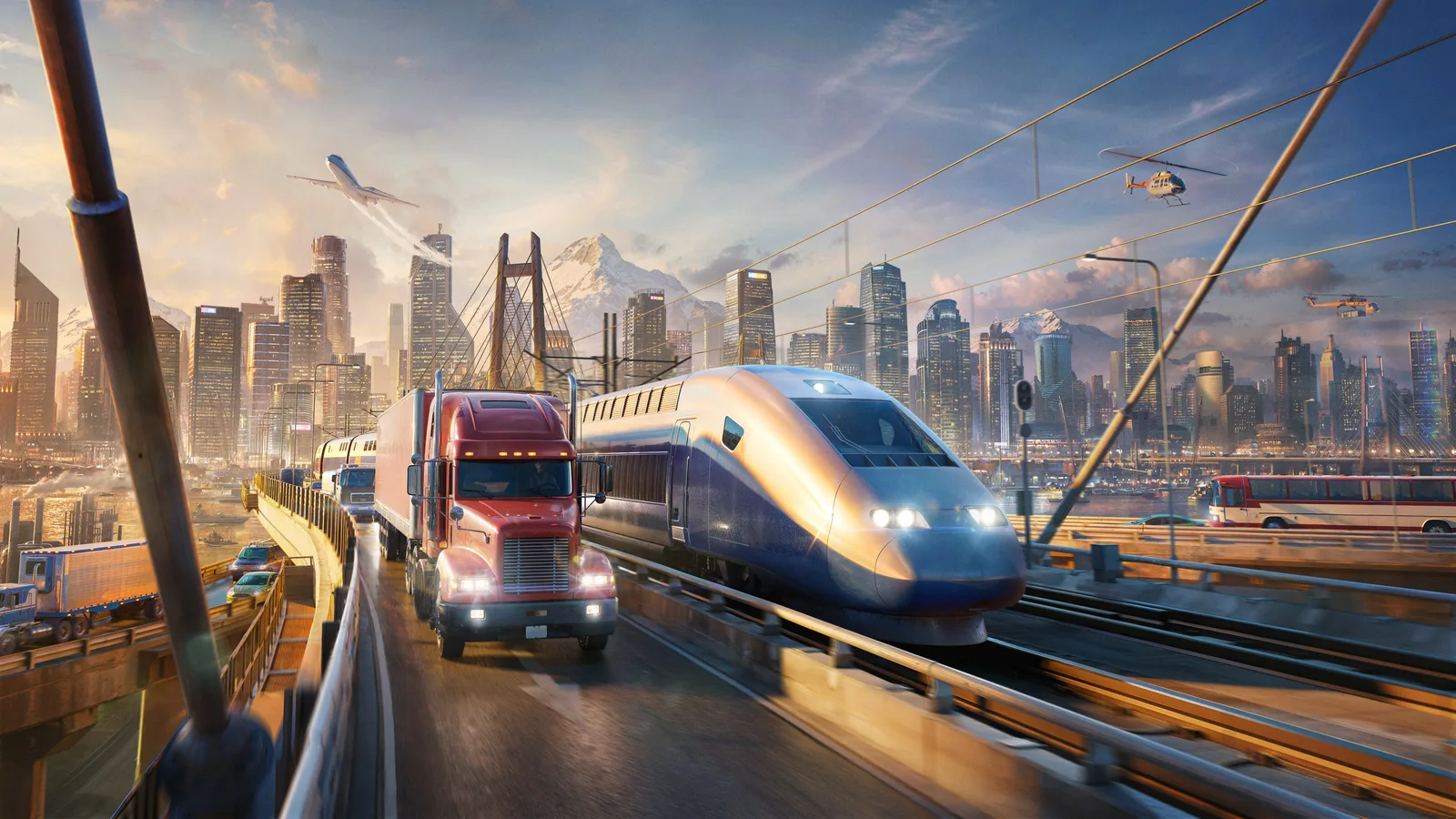 Transport Fever 3 product cover with a truck, passenger train and city skyline