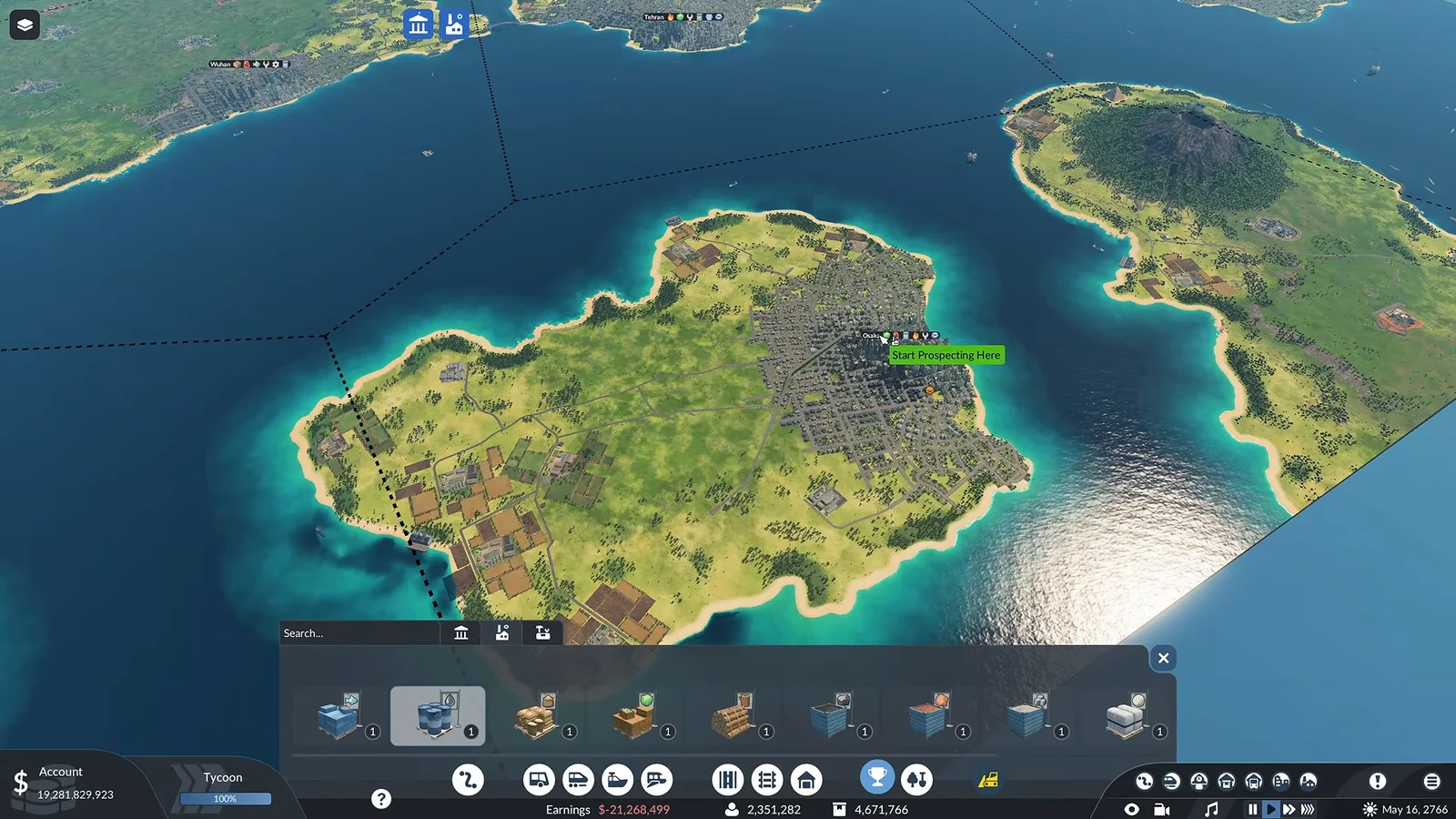 Resource cards with a selected oil option and Start Prospecting Here over Osaka