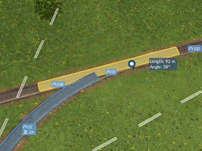 Transport Fever 3 track-building view aligning new rail with an existing track