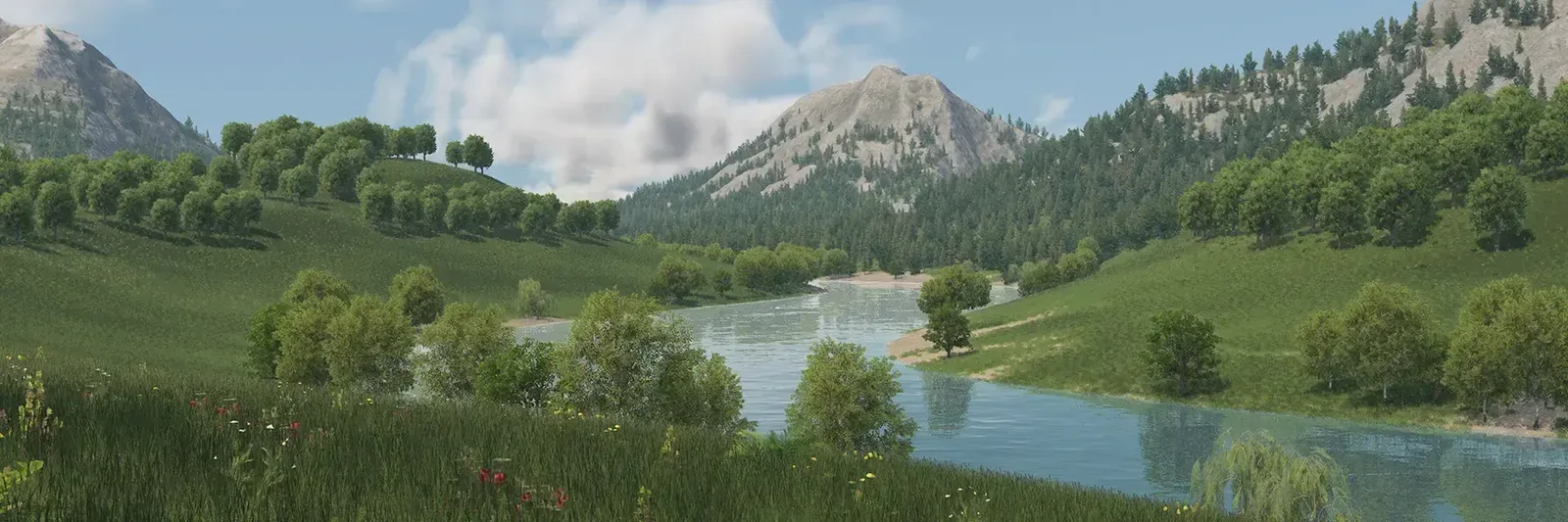 River valley with forested slopes and mountains