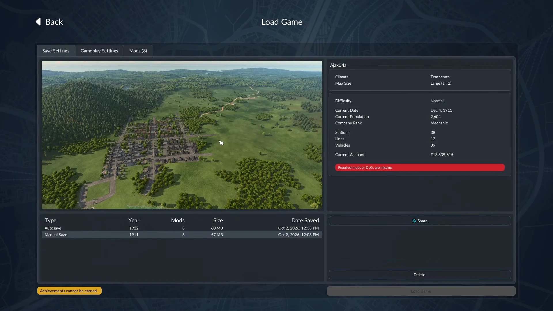 Save Settings showing Autosave and Manual Save rows, alongside a missing mods or DLCs warning