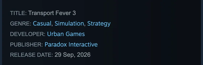 Product details identifying Transport Fever 3, Urban Games and Paradox Interactive