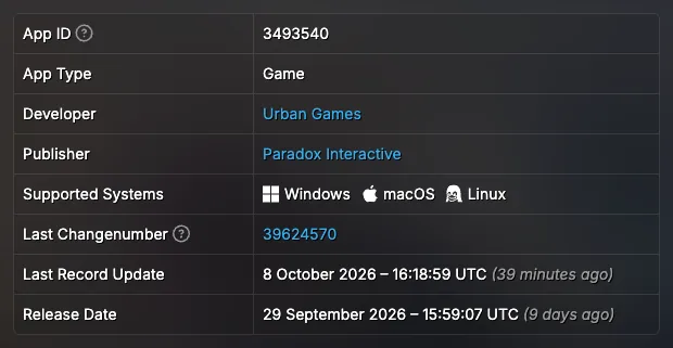 Application metadata showing App ID 3493540, Urban Games and Paradox Interactive