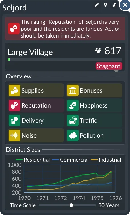 Town window showing town level, residents, and growth progress in Transport Fever 3