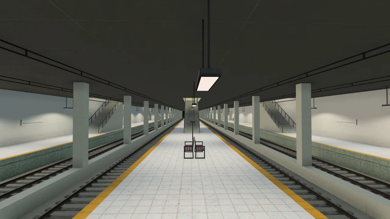 Japanese-style underground railway island platform with white tiles and yellow safety strips