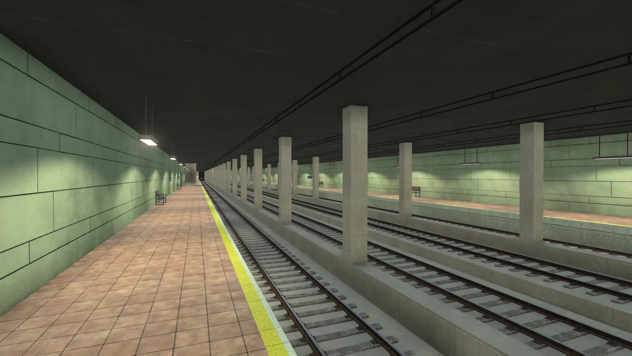 Original-style underground railway side platforms with green wall panels and brown paving