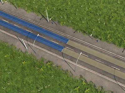 Tram street with overhead wires and blue highlighted sections