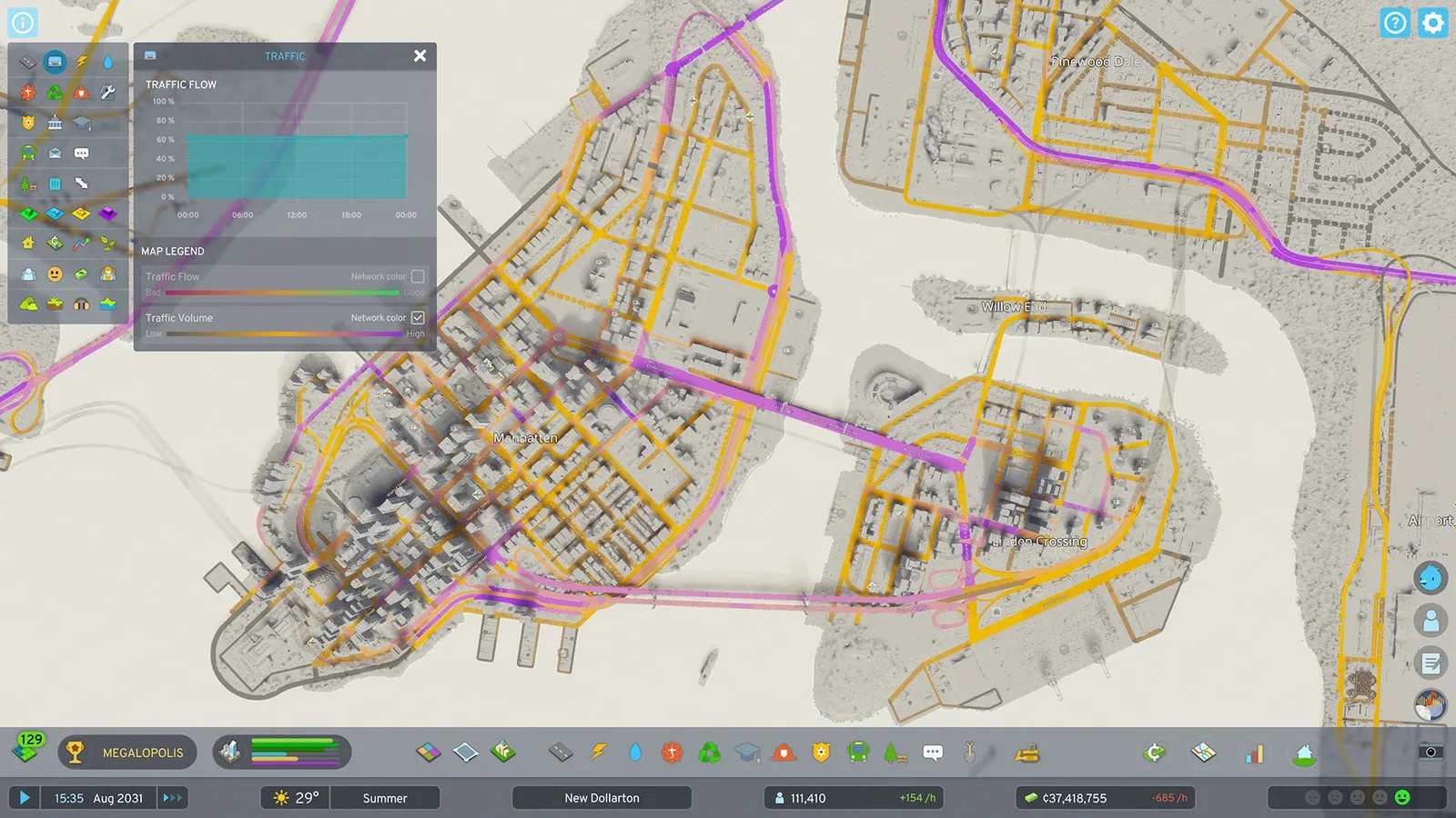 Cities Skylines 2 traffic infoview with flow and volume information