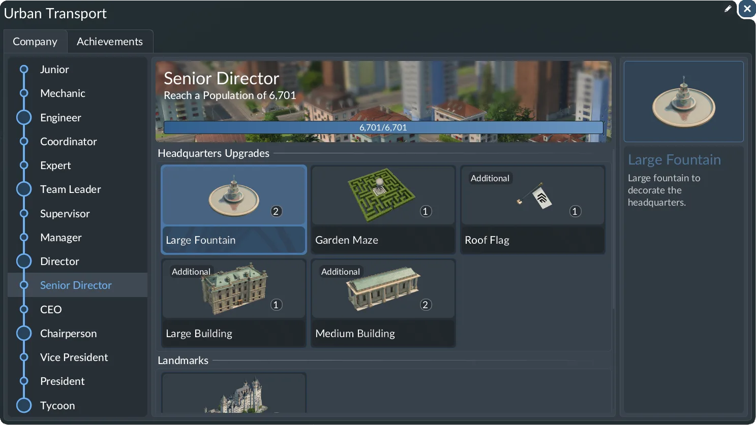 Company progress window showing company rank and progression panels