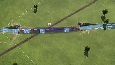 Road construction preview with height and bend controls beside an existing railway