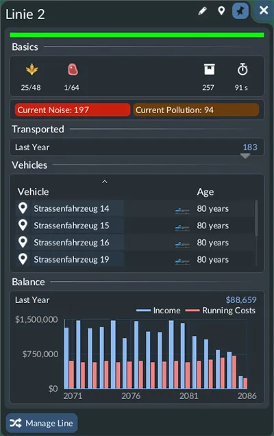 Line details panel showing capacity, frequency, transported items and operating balance