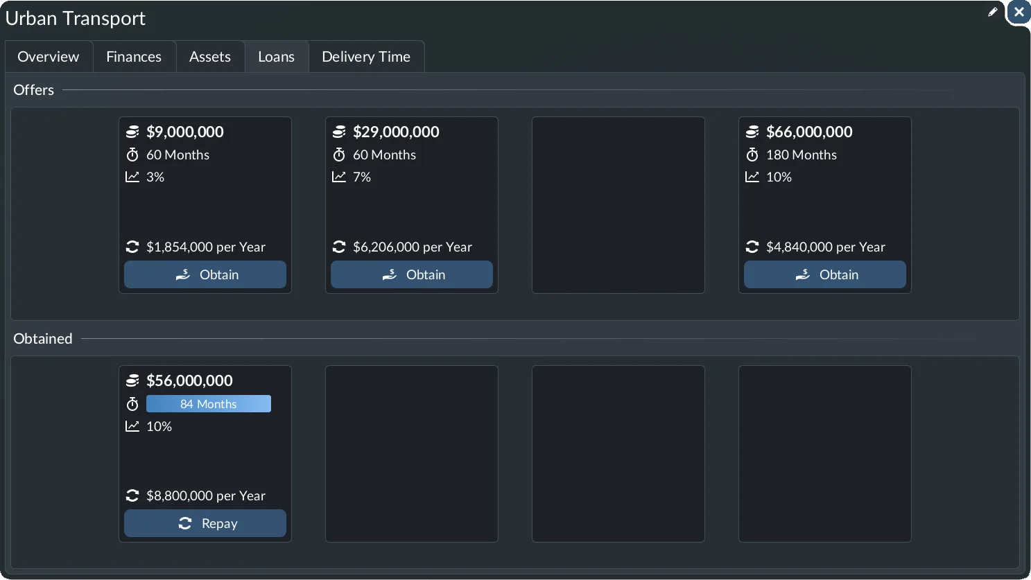 Loans tab with available loan cards and active borrowing