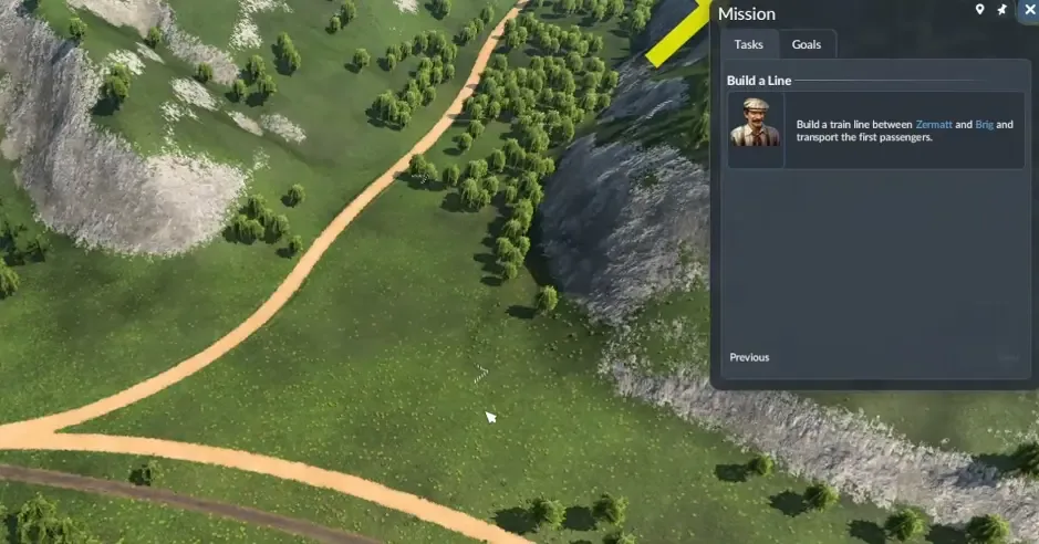 Zermatt terrain and mission panel requesting a passenger railway from Brig