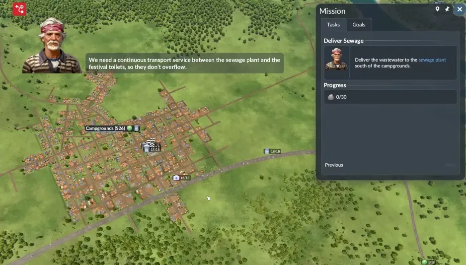 Mission 4 task panel requesting sewage delivery to the treatment plant