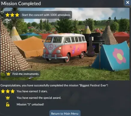 Mission 4 result screen confirming one thousand attendees and the instrument medal